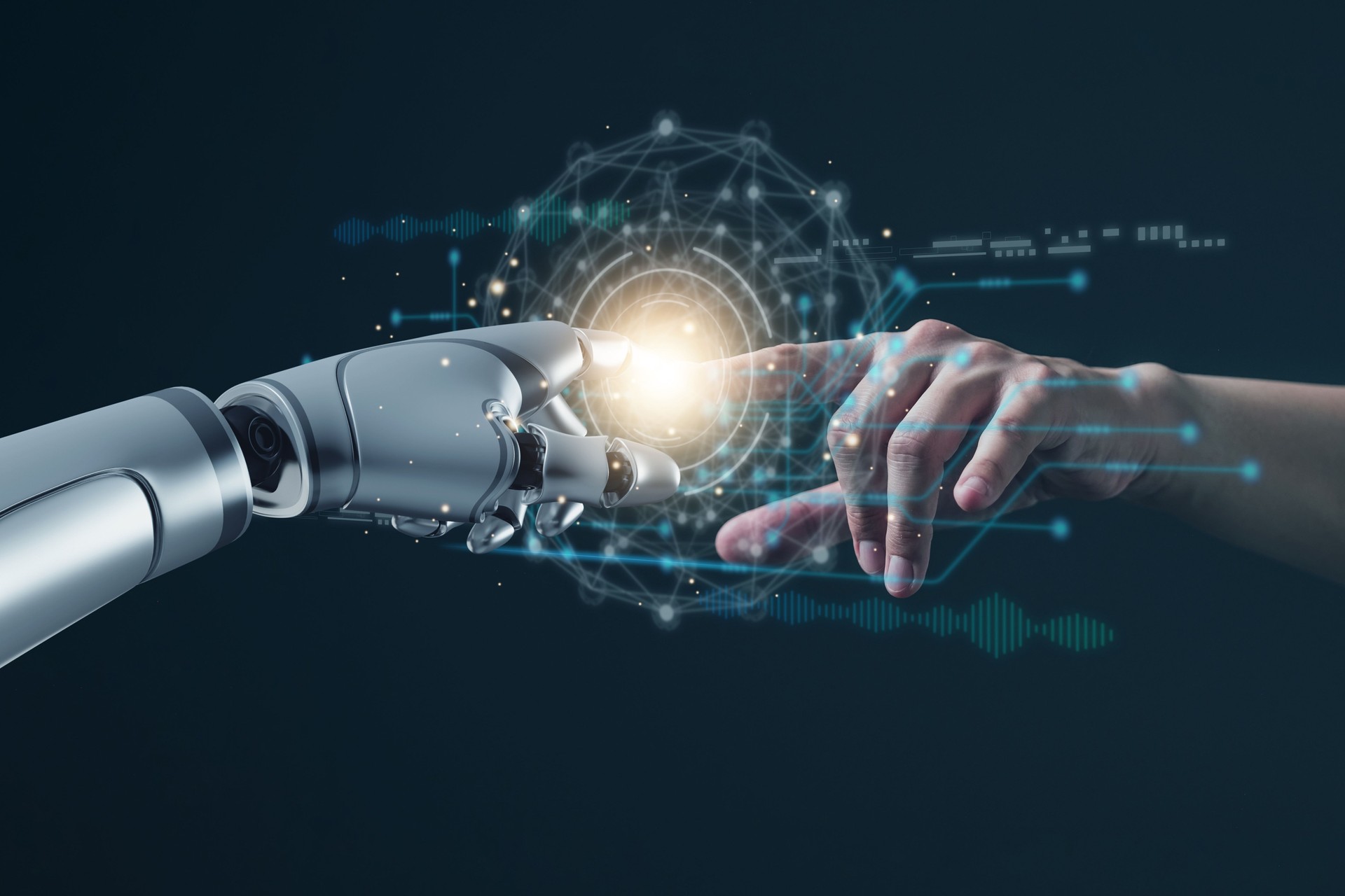 AI technology concept, Machine Learning, Robot hand touching human hand. to connect with global data refers to how humans can create and control artificial intelligence, AI innovation and technology.