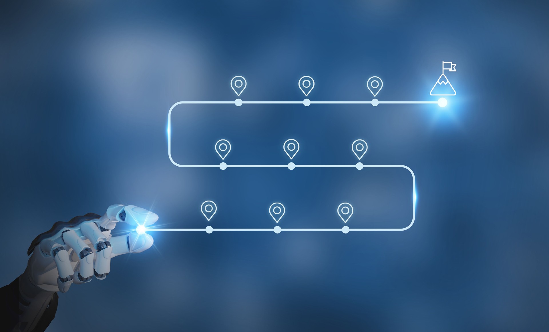 Technology Roadmap Concept. Robotic hand interacting with technology roadmap interface, symbolizing innovation, planning and progress. Strategic planning for innovative product development.